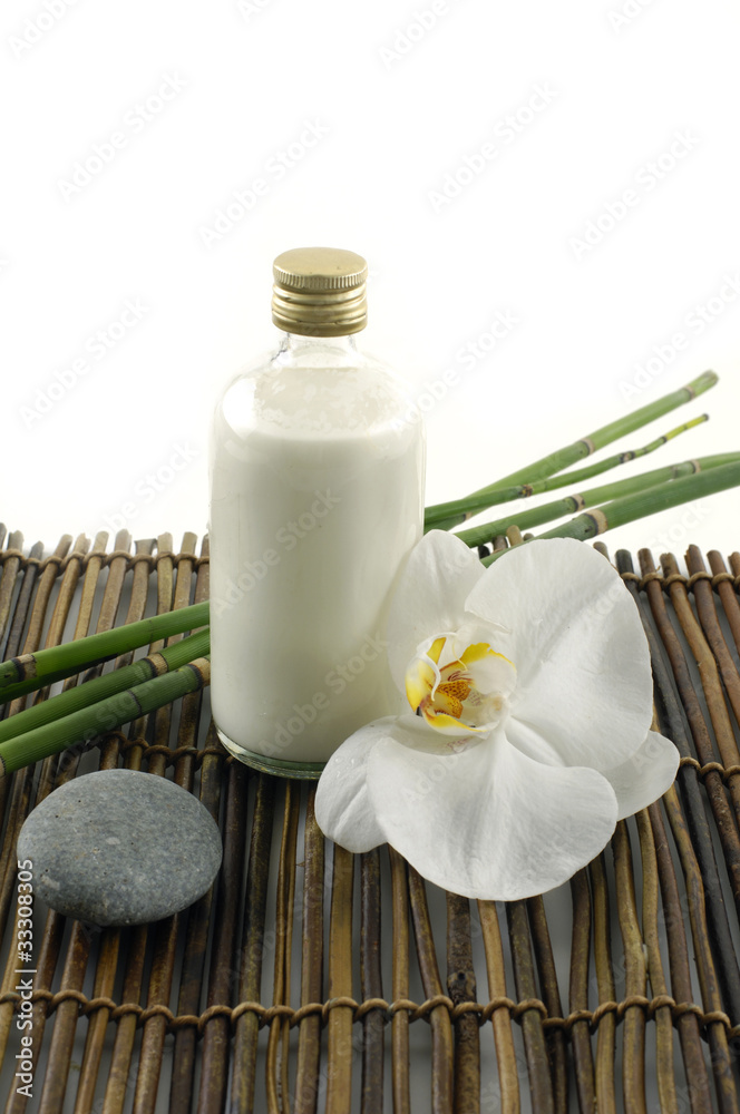 Body care items on bamboo mat Body care items on bamboo mat