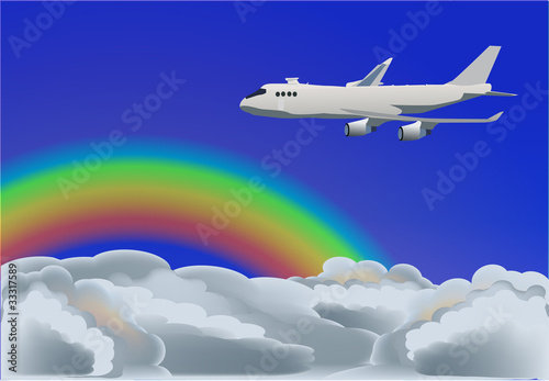 plane in blue sky with rainbow