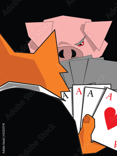 Pig and fox playing cards.