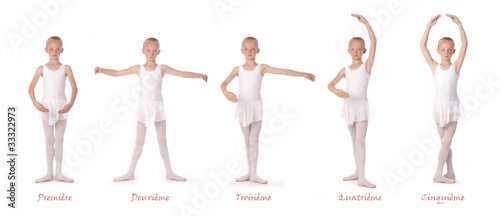 fillette présentant les 5 positions de danse classique photo