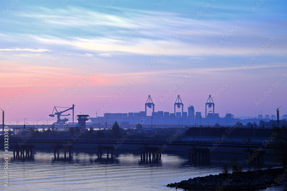Container terminal at dawn