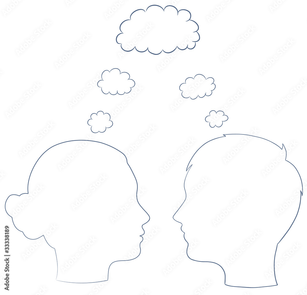 boy and girl heads thinking on same way, vector