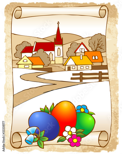 colorful easter picture on old paper