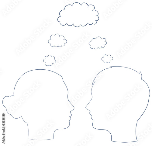 boy and girl heads thinking on same way, vector