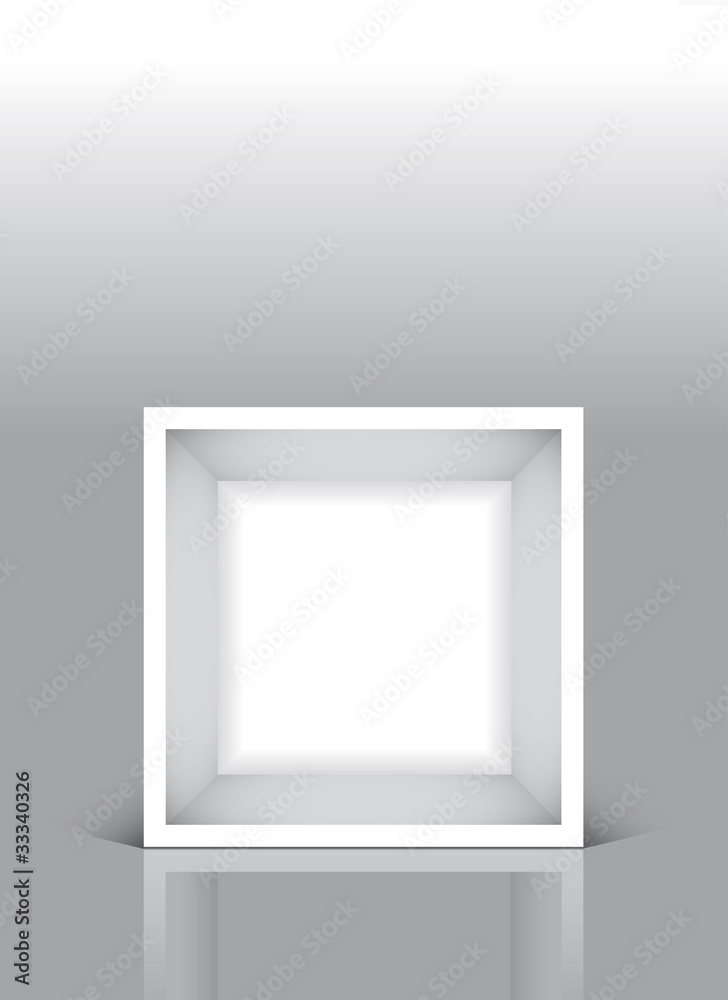 Cubo bianco vuoto su fondo grigio