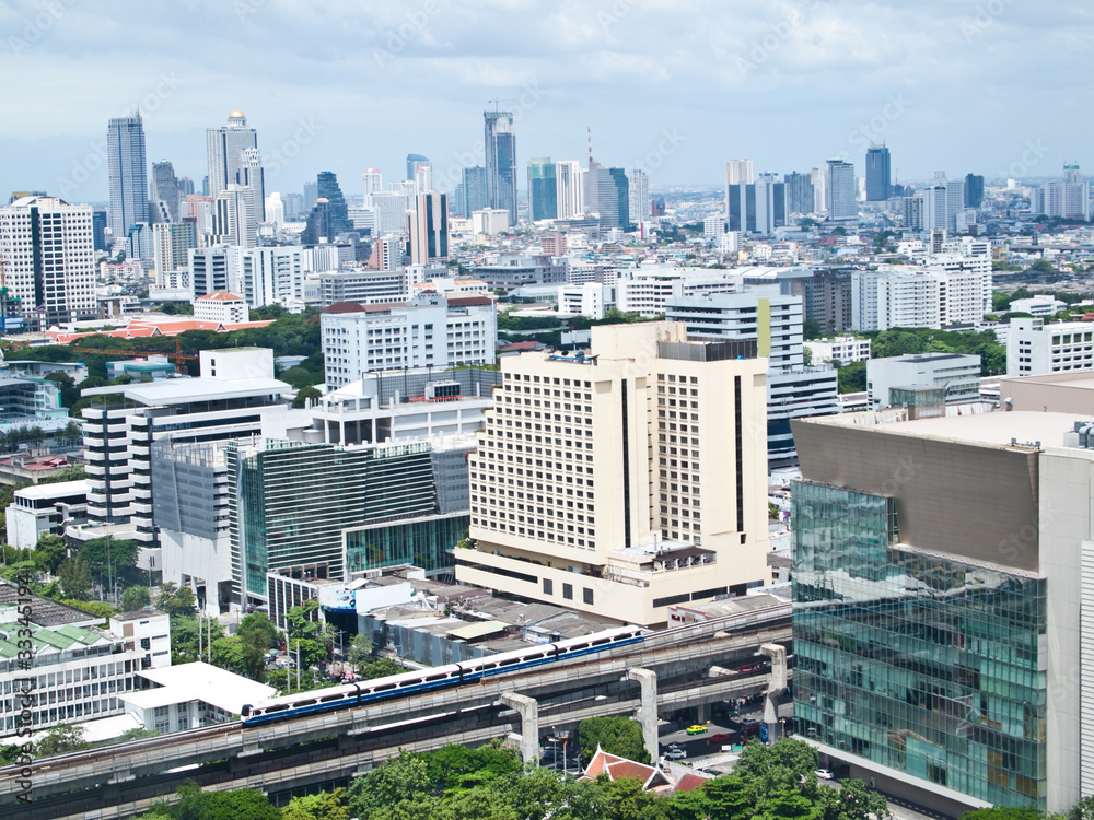 Naklejka premium Siam square shopping areas with Skytrain , Bangkok
