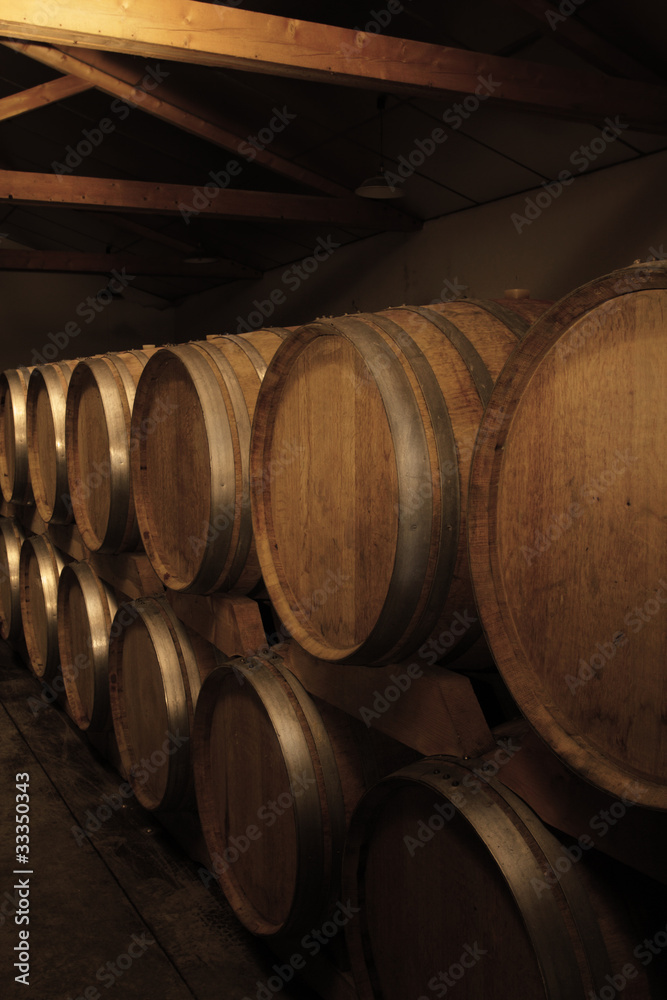 group of oak barrels with the wine at the cellar.