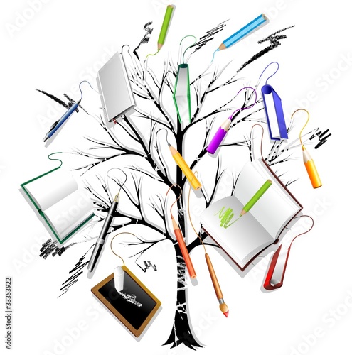 Albero con libri e Matite-Tree With Books and Pencils-Vector
