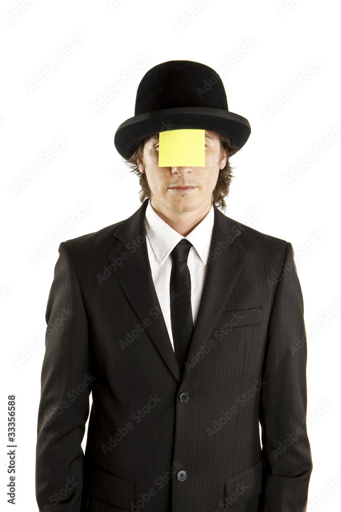 man with blank note on the face with hat