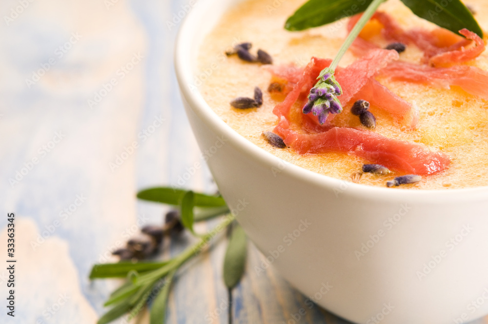 fresh melon soup with parma ham and lavender flower fresh melon soup with parma ham and lavender flower
