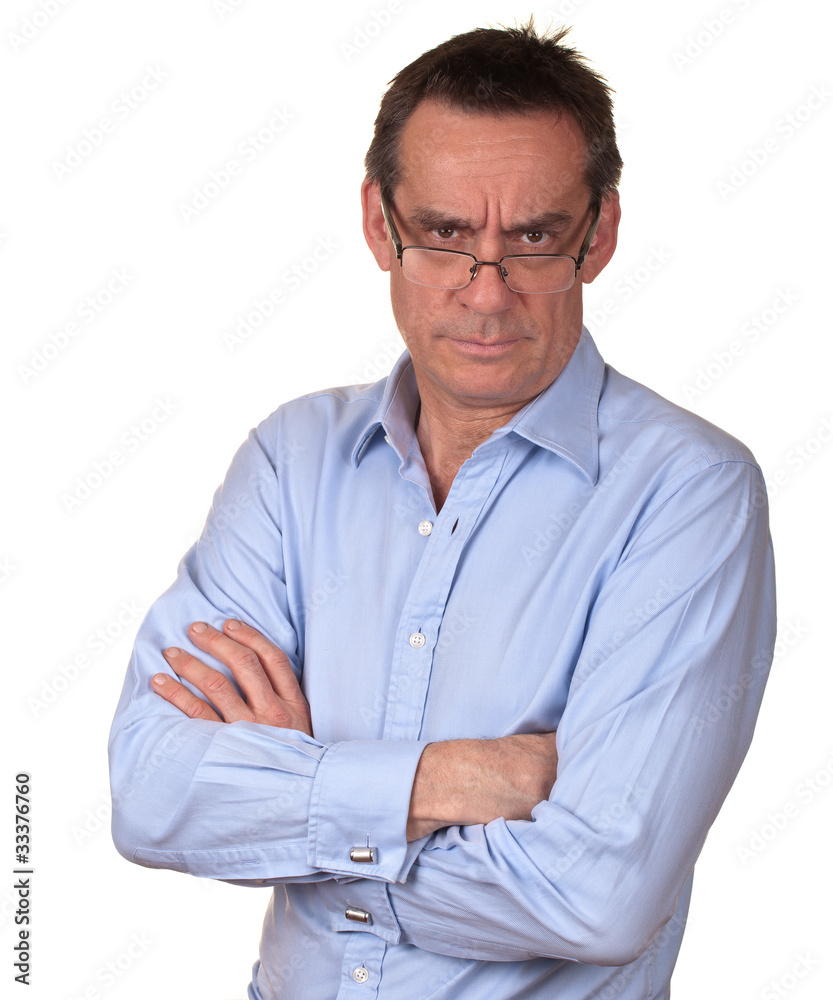 Angry Frowning Middle Age Man in Blue Shirt
