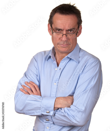 Angry Frowning Middle Age Man in Blue Shirt