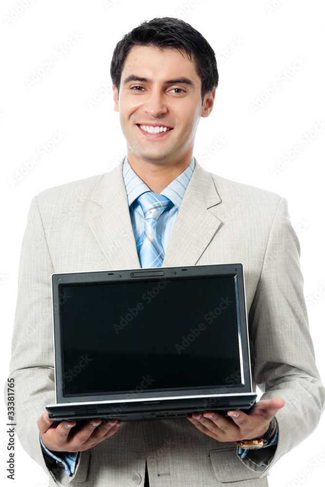 Young happy smiling business man with laptop, isolated Young happy smiling business man with laptop, isolated