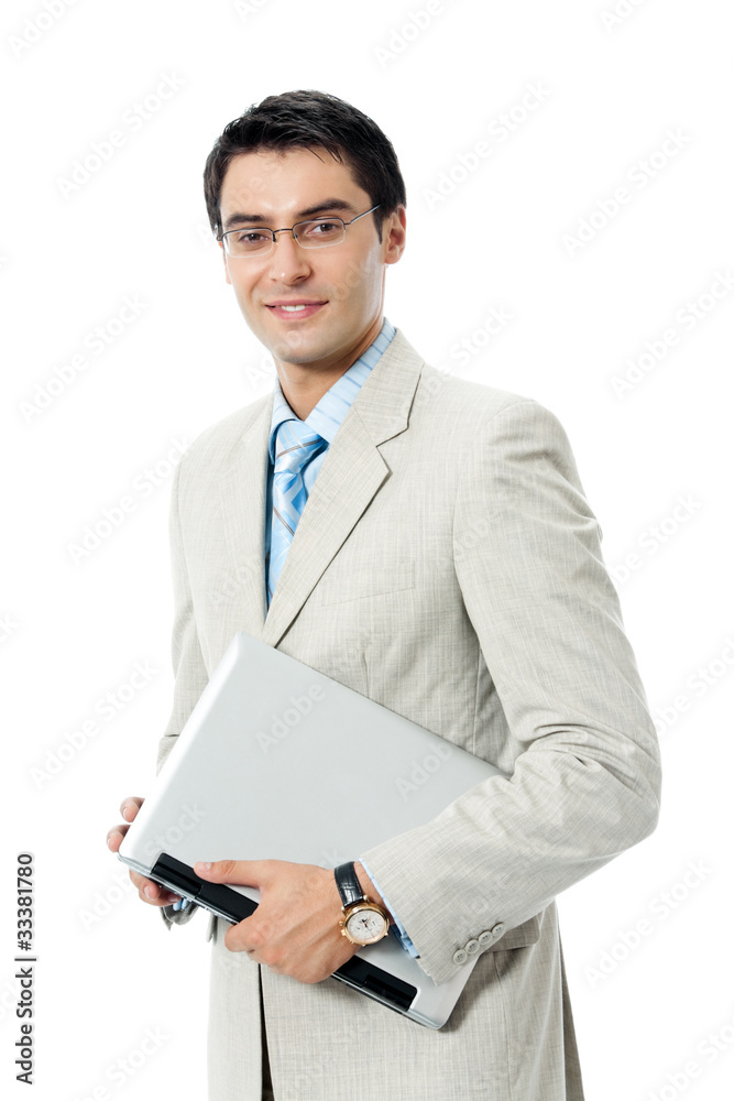 Young happy smiling business man with laptop, isolated Young happy smiling business man with laptop, isolated