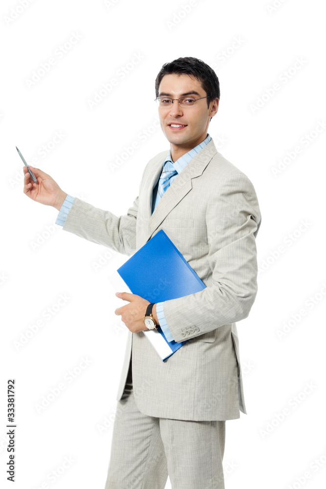 Portrait of showing businessman with blue folder, isolated Portrait of showing businessman with blue folder, isolated