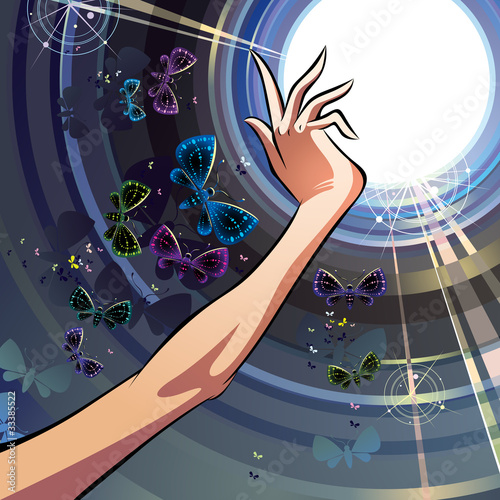 Female hand and butterflies flying to illumination.