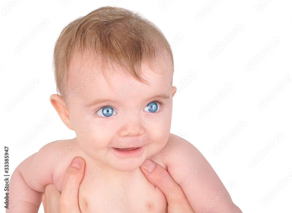 Happy Little Baby Looking Up on White Happy Little Baby Looking Up on White