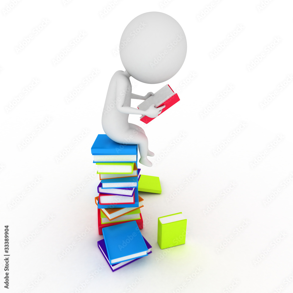 3d rendered illustration of a little guy reading books 3d rendered illustration of a little guy reading books