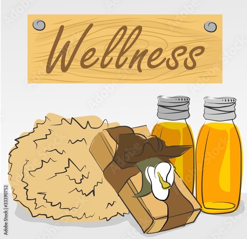 wellnes treatment bottle soap and sponge