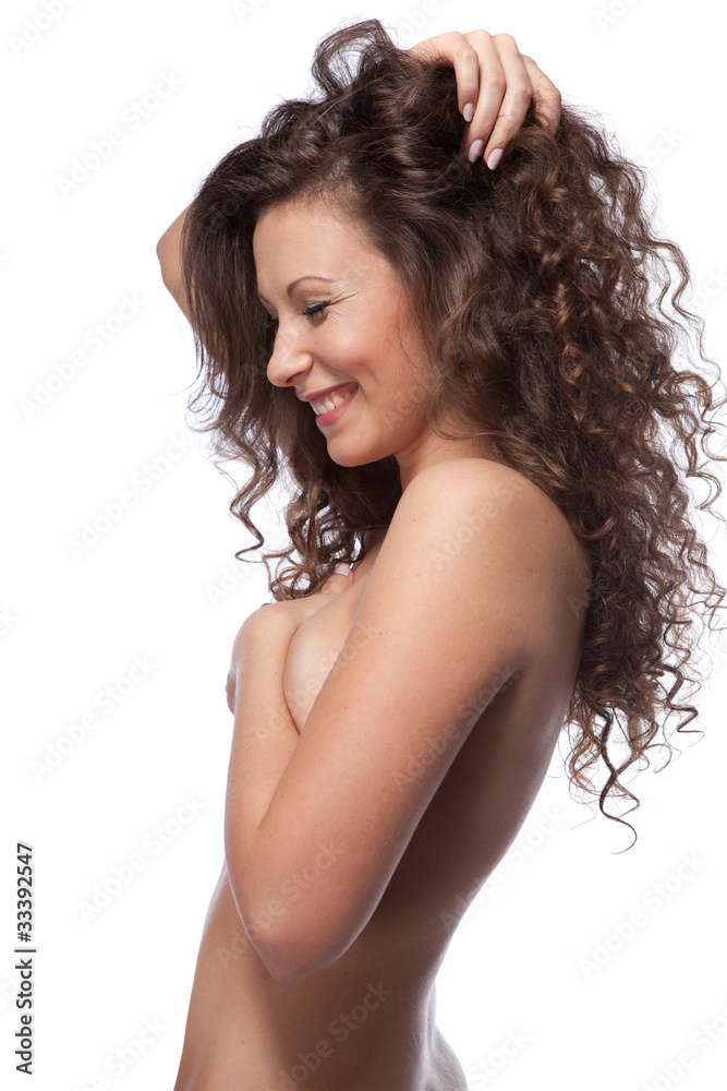 portrait of nude smiling woman with curly hair isolated on white portrait of nude smiling woman with curly hair isolated on white