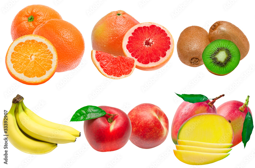 different fruits isolated on white background