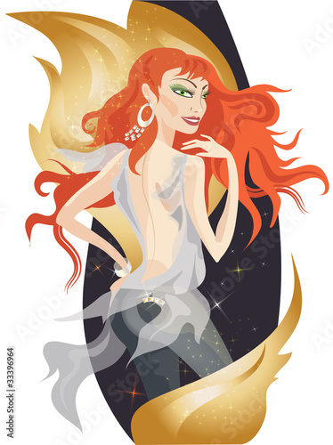 Beautiful redheaded girl with decorative golden fire flames.