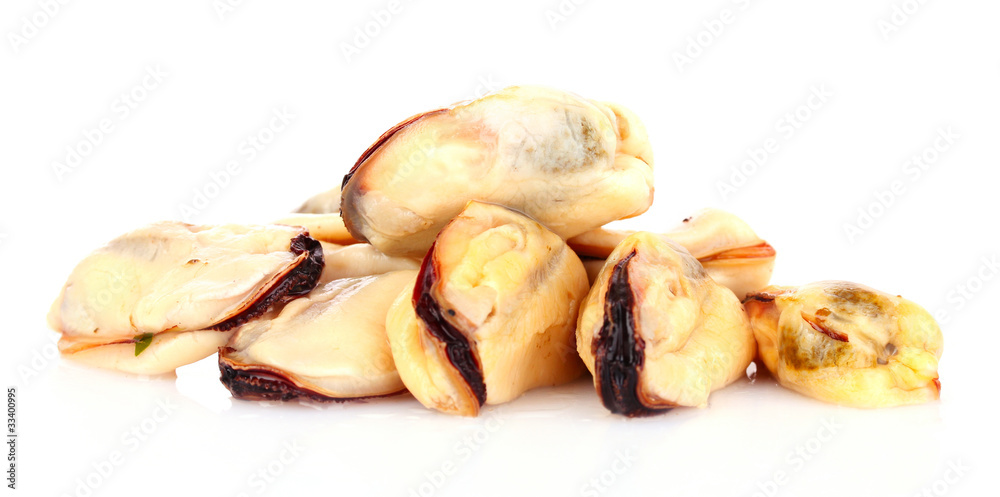 close up of fresh boiled mussels isolated on white background close up of fresh boiled mussels isolated on white background