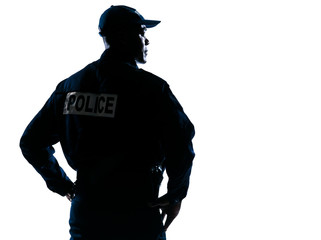 Serious policeman with looking to his side