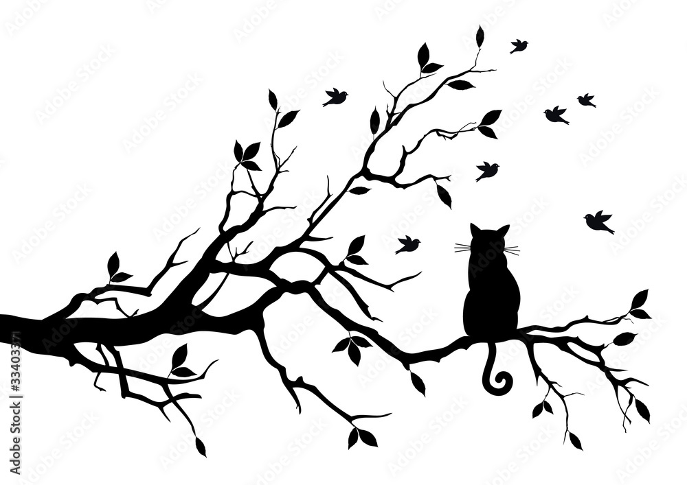 Obraz na plátně cat on a tree with birds, vector