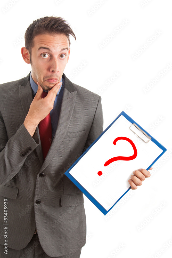Funny businessman showing a question mark Funny businessman showing a question mark