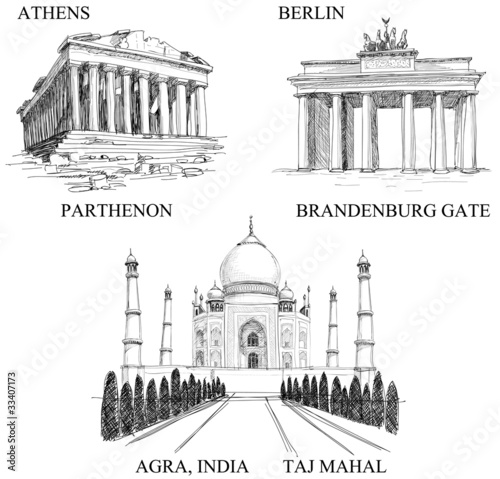Iconic buildings, famous travel destinations (pencil drawings)