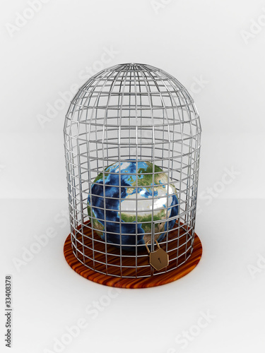 Earth in cage isolated on white background. 3D