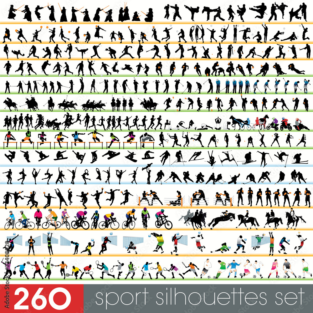260 sport silhouettes set - obrazy, fototapety, plakaty 