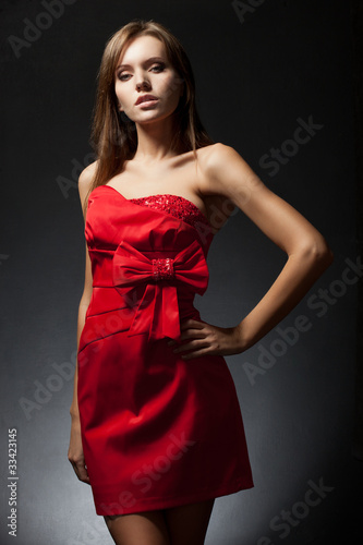 woman wearing red dress