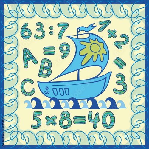 boat at sea during the day. thematic frame, letters and numbers