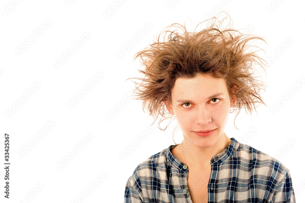 Portrait of funny young man with awesome hairdo isolated on whit Portrait of funny young man with awesome hairdo isolated on whit