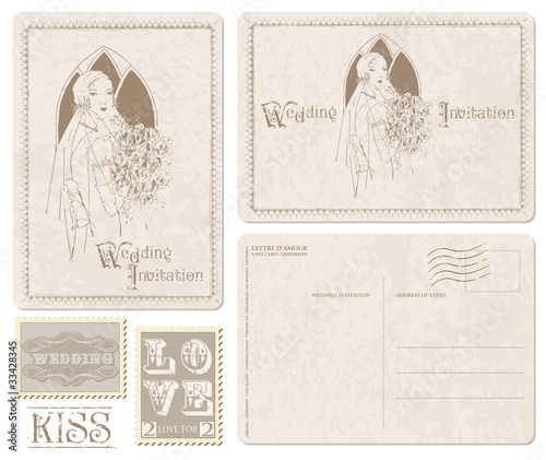 Retro Wedding Invitation postcard with Bride - for design and sc