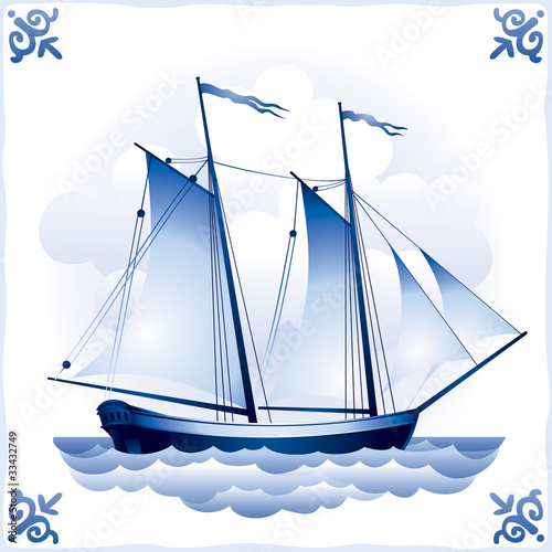 Ship on the Blue Dutch tile 7, Schooner