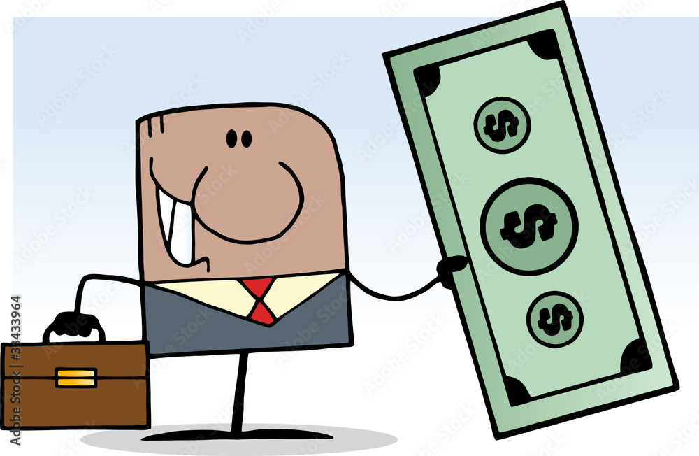 African American Cartoon Doodle Businessman Holding Dollar