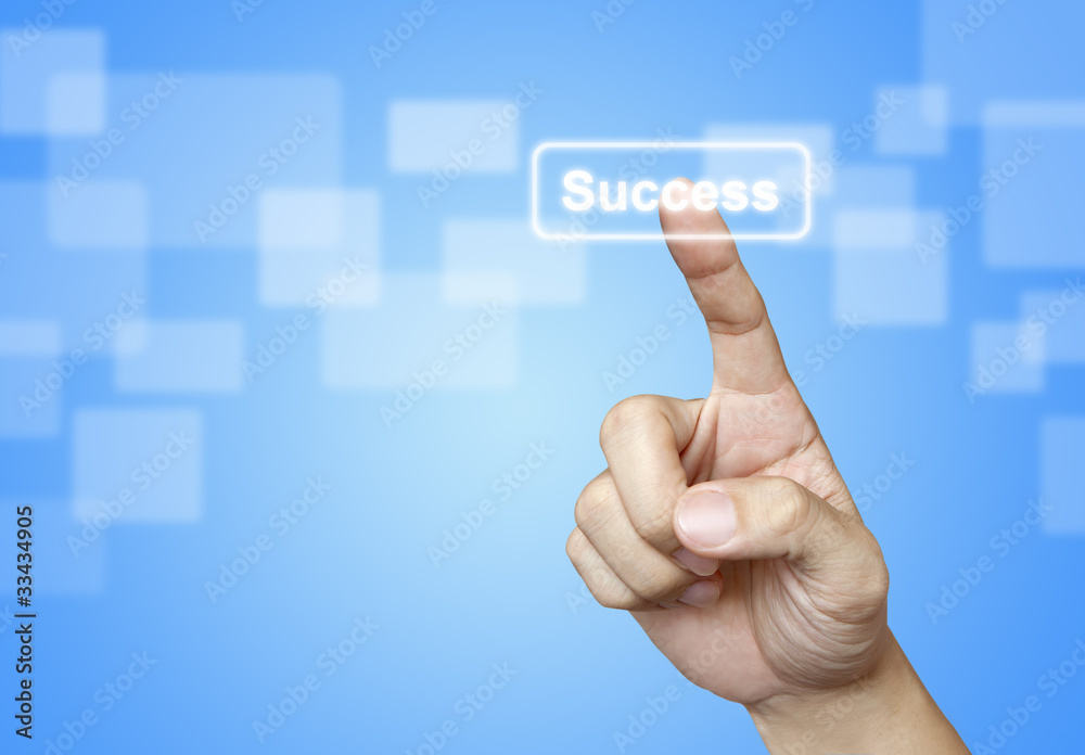 The hand press Success button on blue background The hand press Success button on blue background