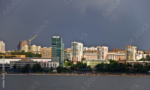 Sky with storm clouds over the port city. Samara, Russia