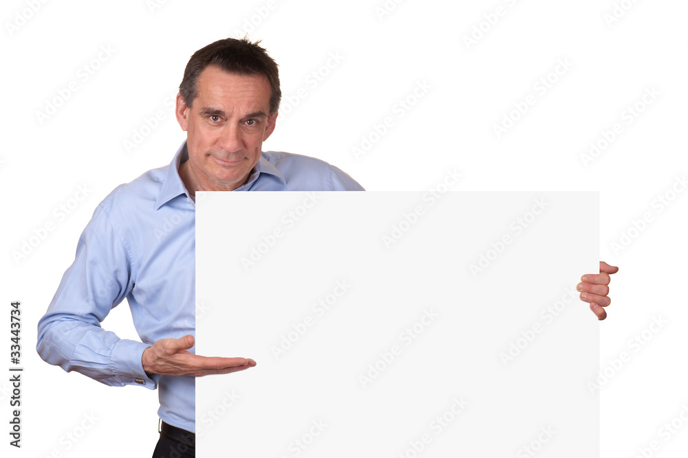 Attractive ManPointing to Blank White Sign on Right Attractive ManPointing to Blank White Sign on Right