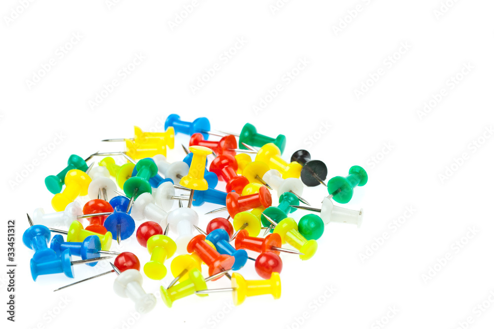 isolated colorful pushpins focus at yellow isolated colorful pushpins focus at yellow