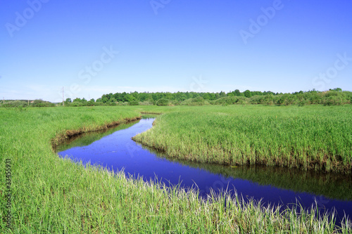 blue river on green field