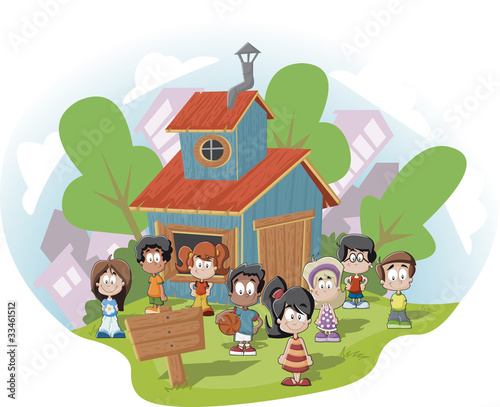 Cute happy cartoon kids in front of wood club house