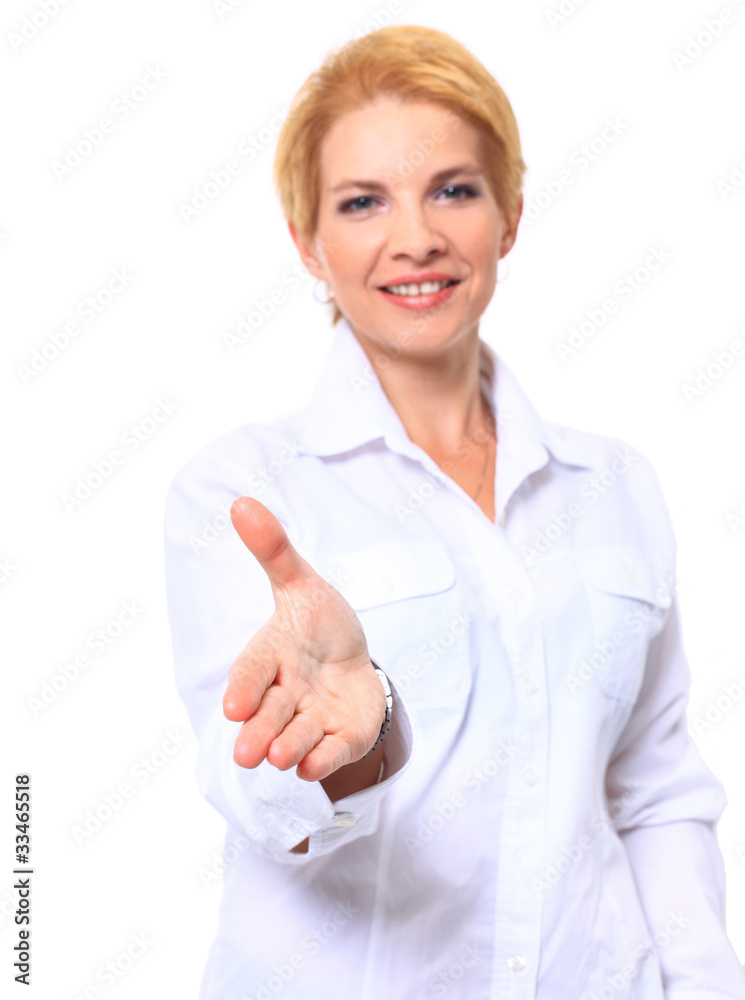 Portrait of a smart woman stretches out her hand to Portrait of a smart woman stretches out her hand to