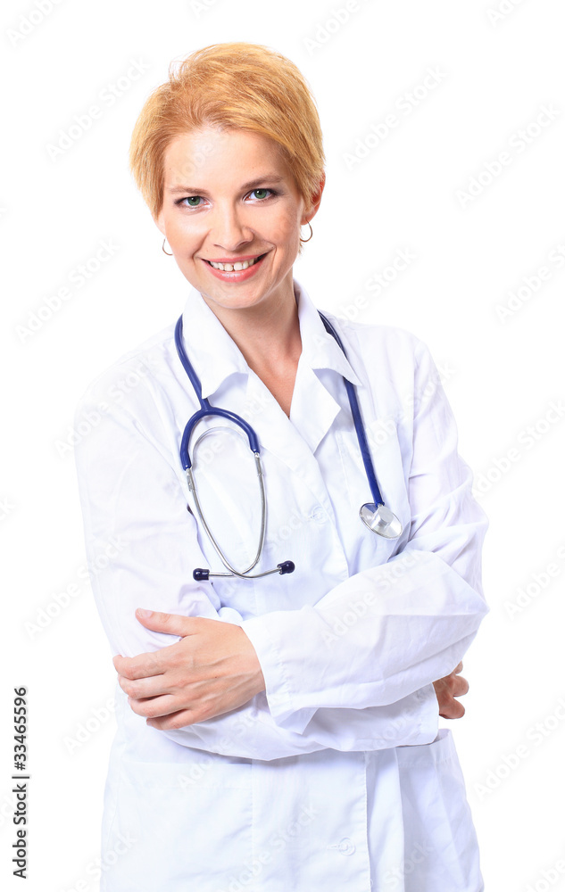 Attractive lady doctor in white lab coat with stethoscope Attractive lady doctor in white lab coat with stethoscope