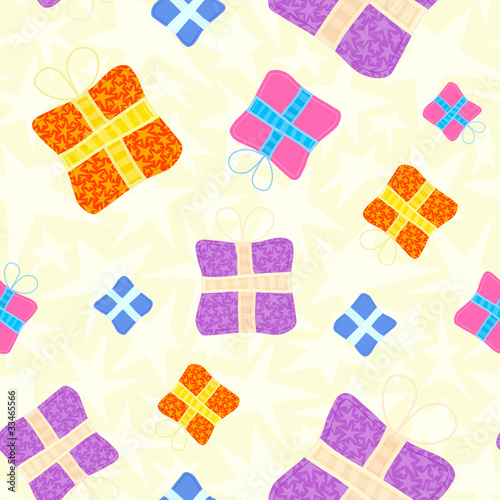 Seamless background with stars and appliqued presents.