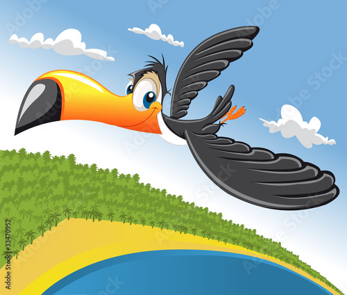 Cartoon toucan flying over beach in Brazil