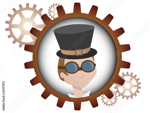 Youthful cartoon steampunk man inside gear